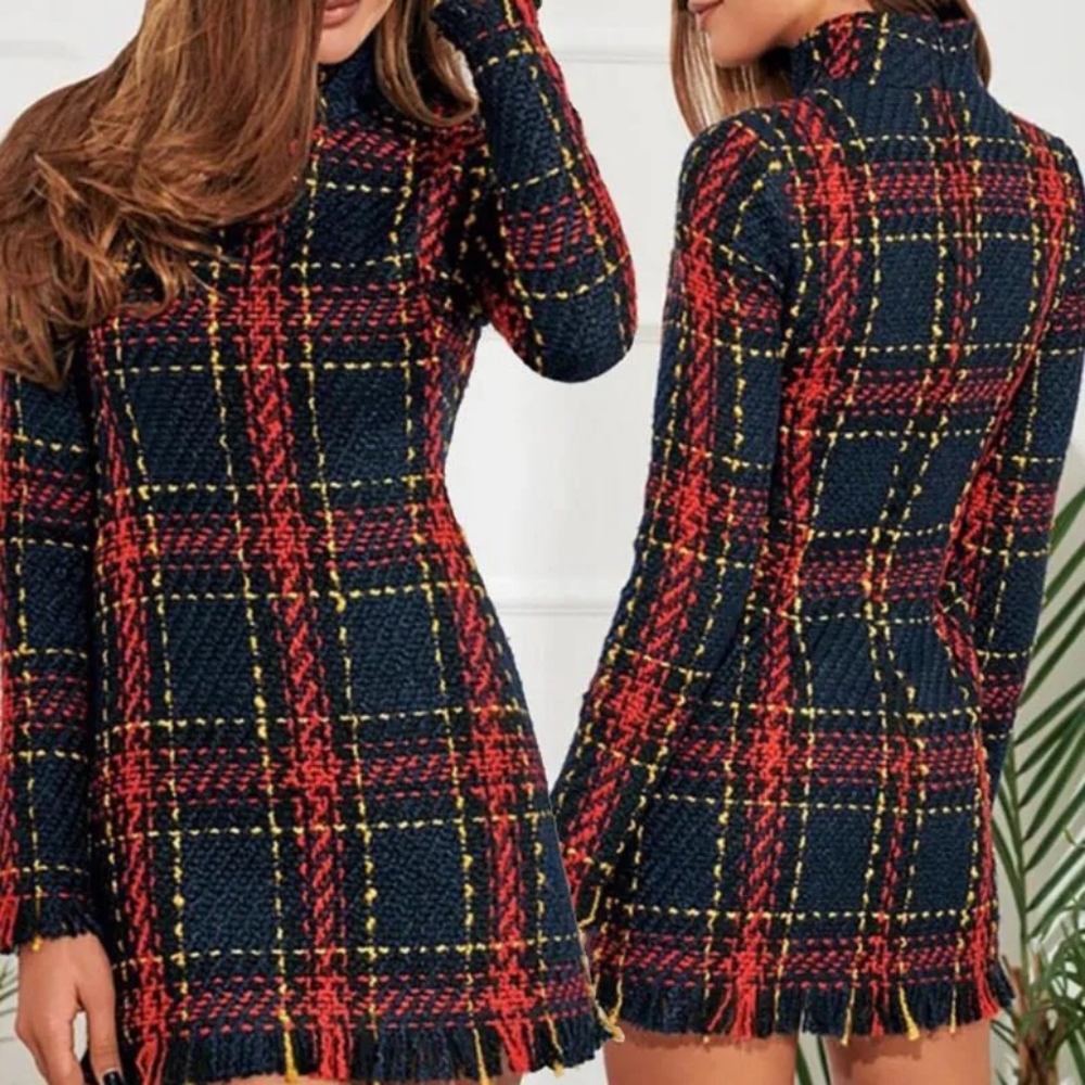 Plaid Turtleneck Dress - Red and Blue